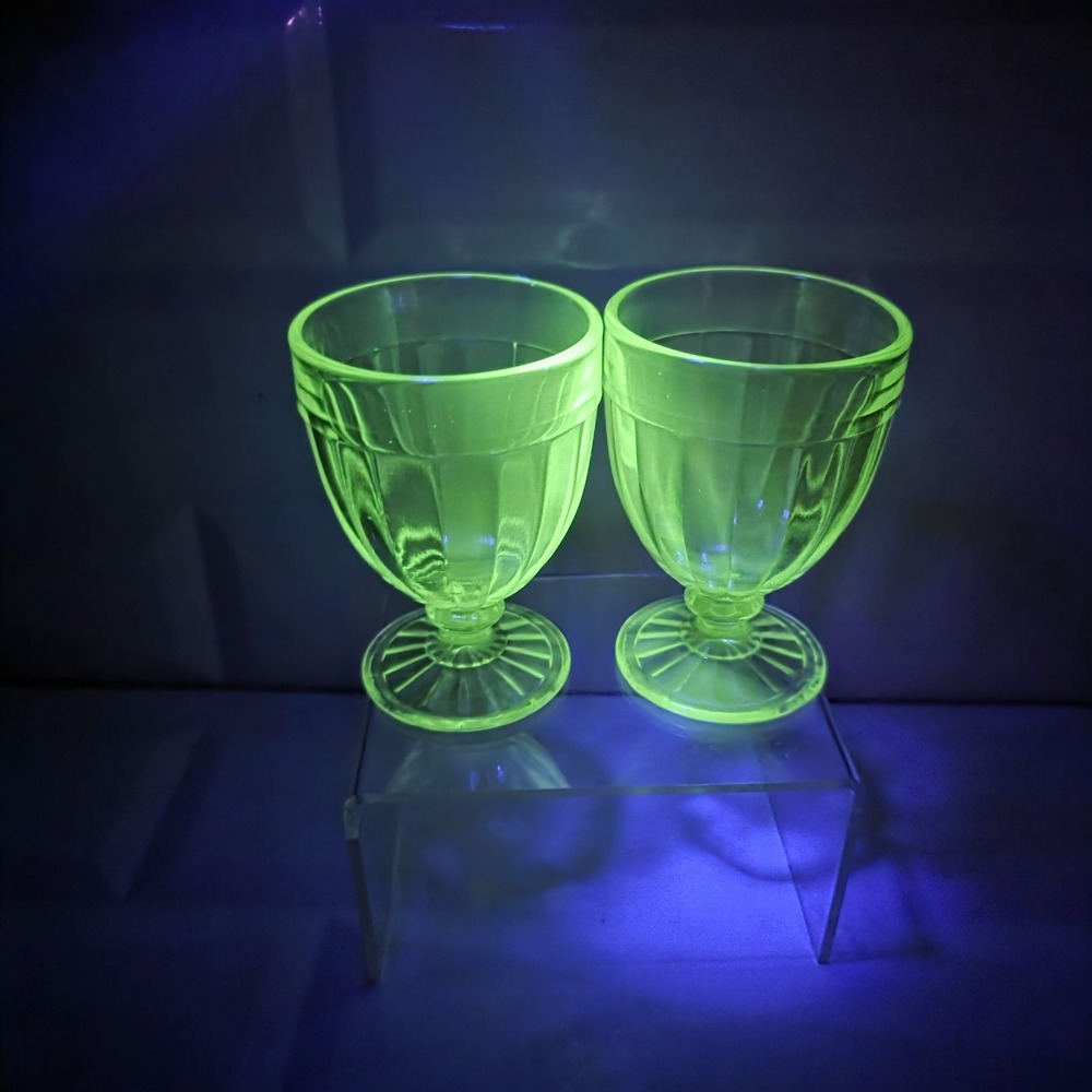 2 Anchor Hocking Pillar Optic Green Cordial Glasses 3 1/8" Uranium Glass